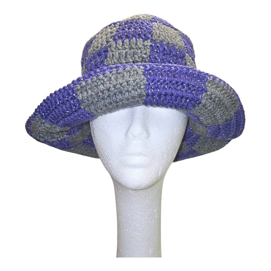 Purple and Gray Checkered Crochet Bucket Hat
