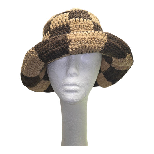 Brown and Tan Checkered Crochet Bucket Hat