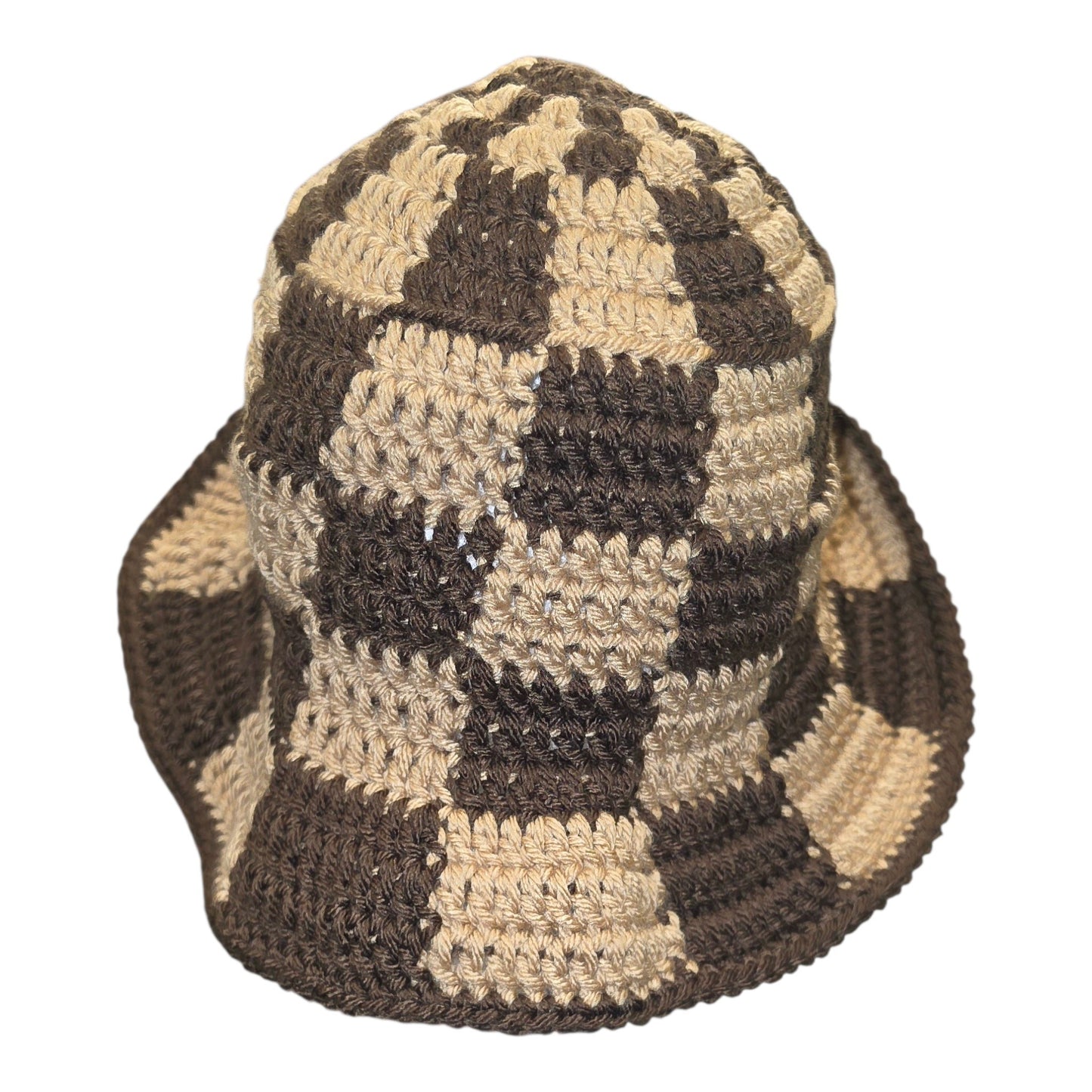 Brown and Tan Checkered Crochet Bucket Hat