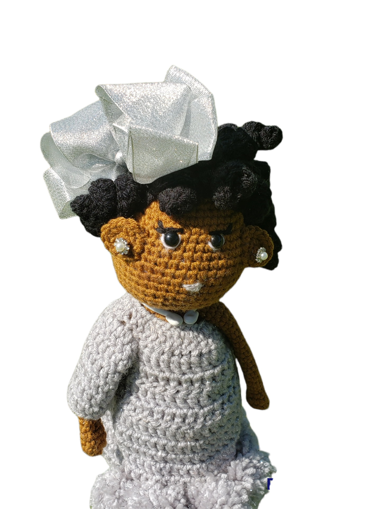 Silver Dress Black Coiled Hair Crochet Doll