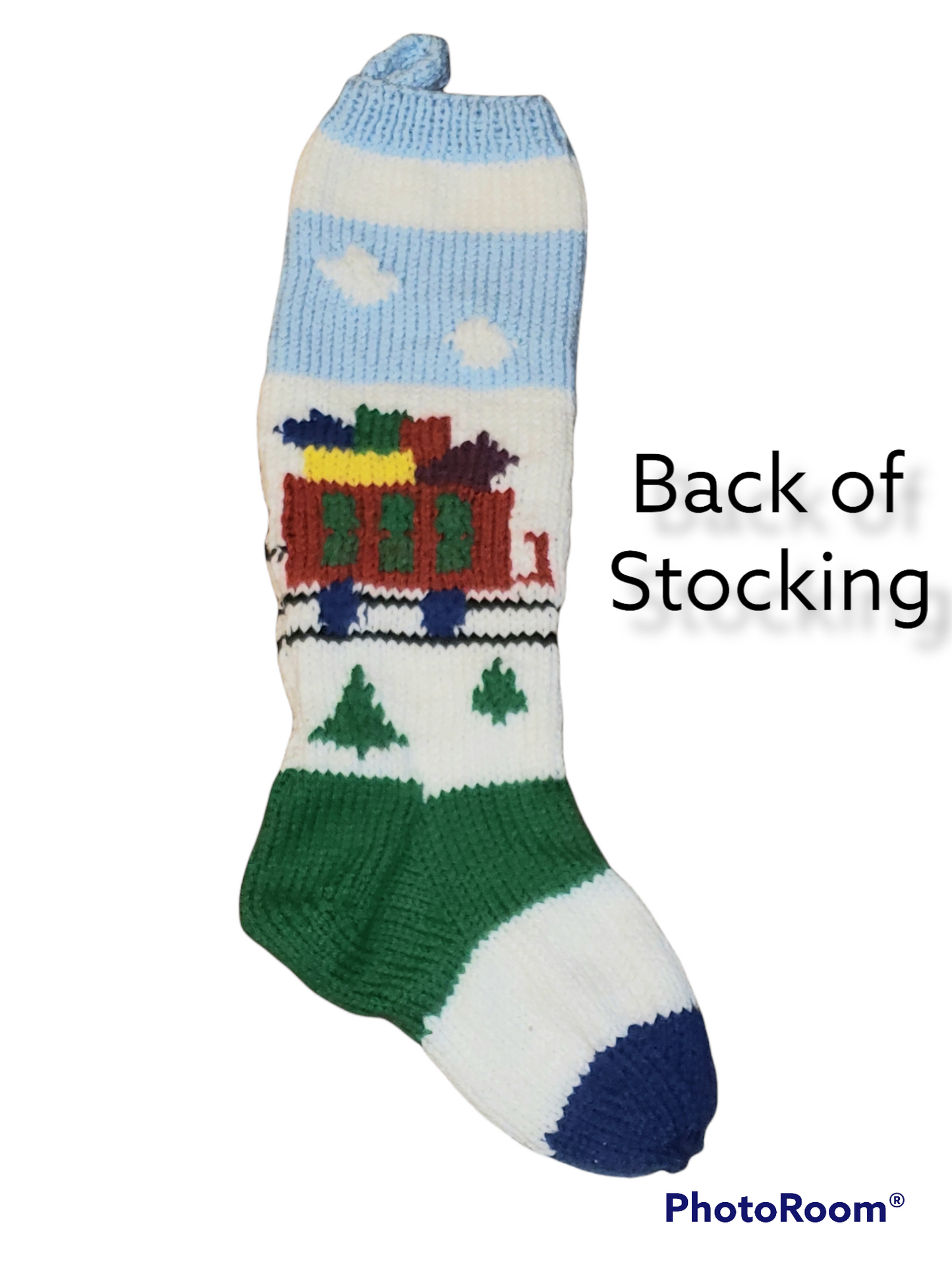 Choo Choo Train front and back Hand Knitted Christmas Stocking
