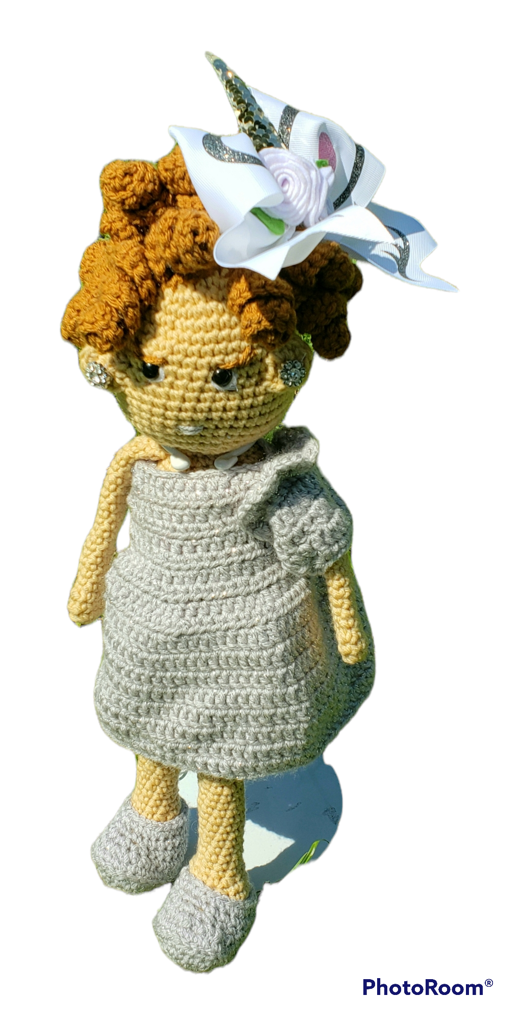 Silver Dress Brown Coiled Hair Crochet Doll