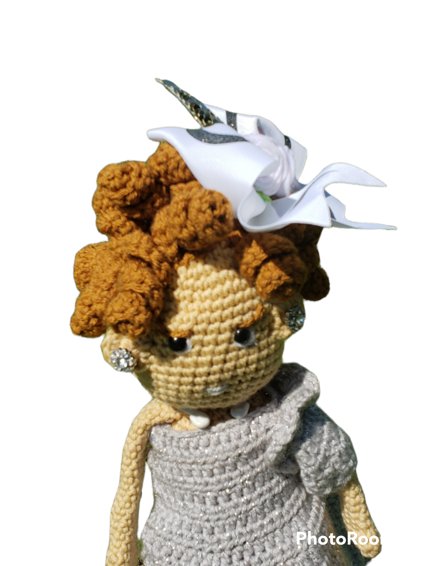 Silver Dress Brown Coiled Hair Crochet Doll