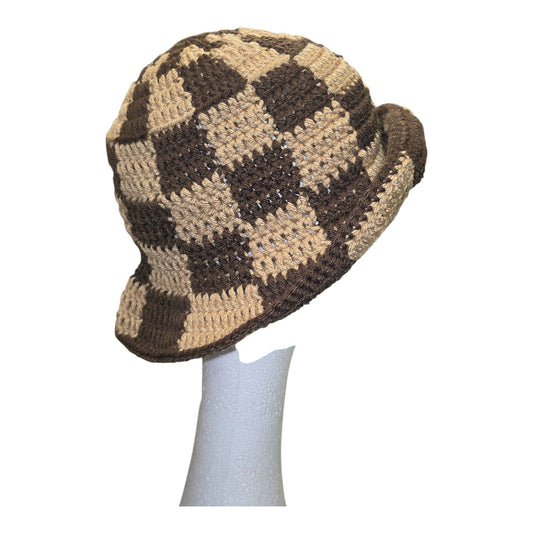 Brown and Tan Checkered Crochet Bucket Hat