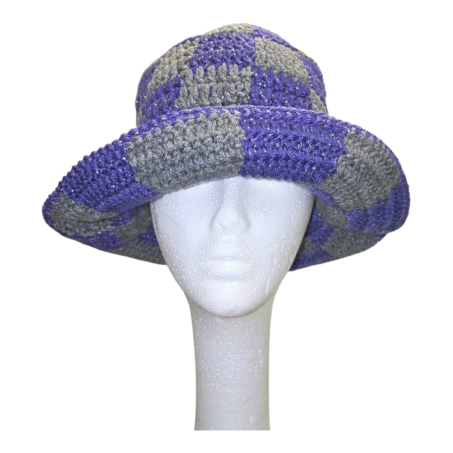 Purple and Gray Checkered Crochet Bucket Hat