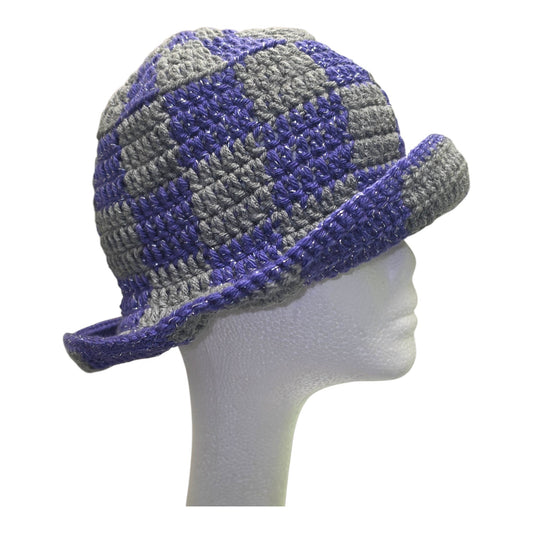 Purple and Gray Checkered Crochet Bucket Hat