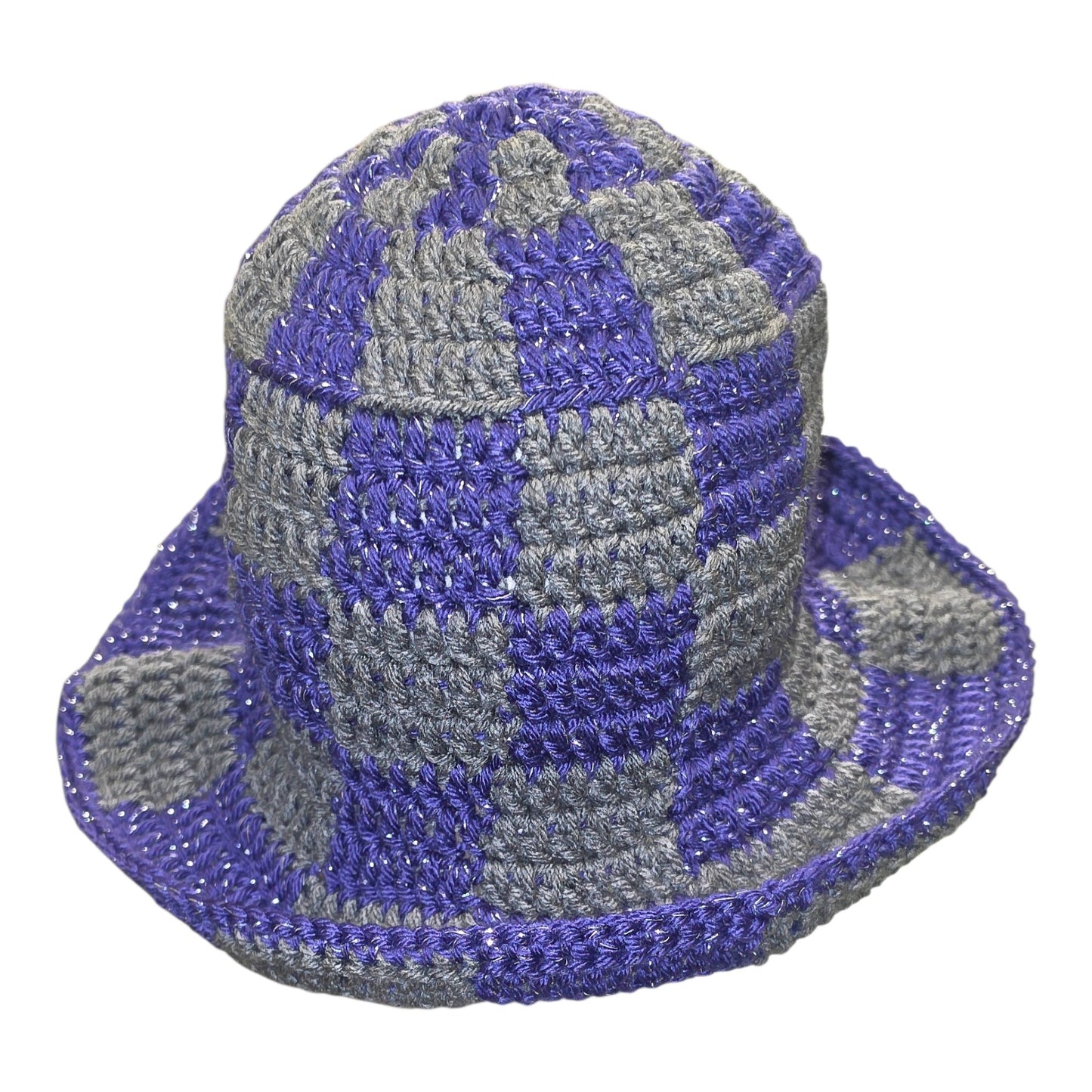 Purple and Gray Checkered Crochet Bucket Hat