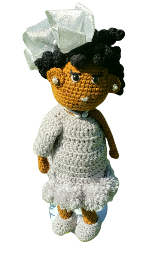 Silver Dress Black Coiled Hair Crochet Doll