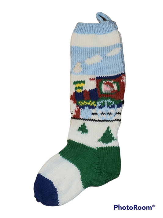 Choo Choo Train front and back Hand Knitted Christmas Stocking