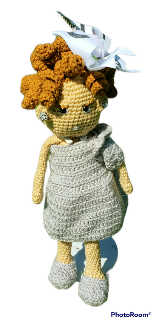 Silver Dress Brown Coiled Hair Crochet Doll